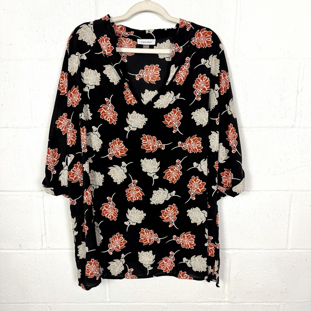 Calvin Klein Popover Tunic‎ Top Floral V-Neck Flowy Colorful Plus Size Office 3X